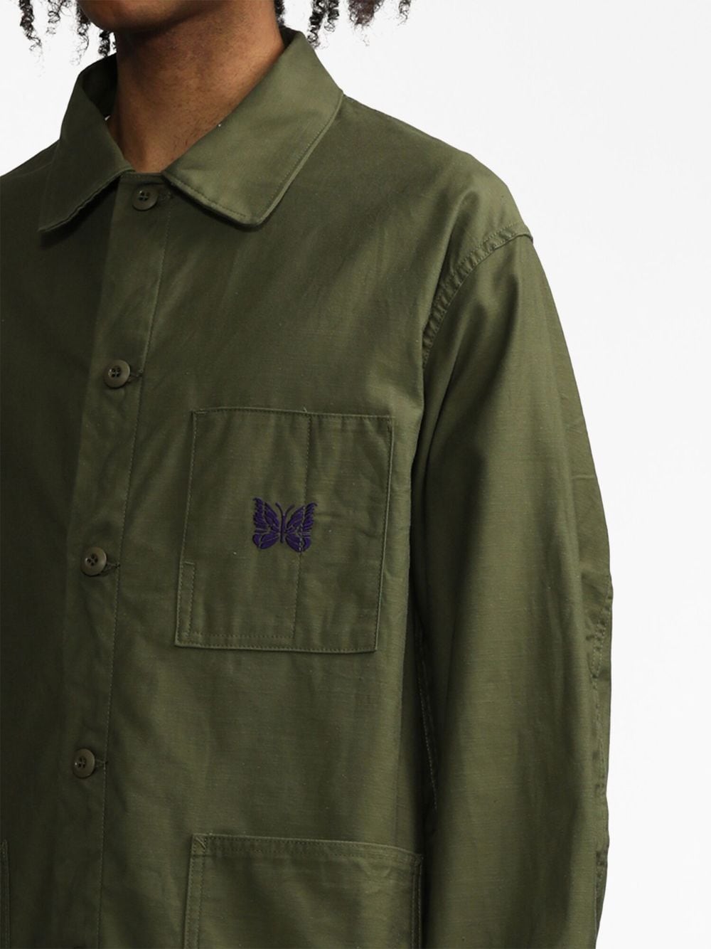 Shop Needles Embroidered Cotton Shirt Jacket In Green