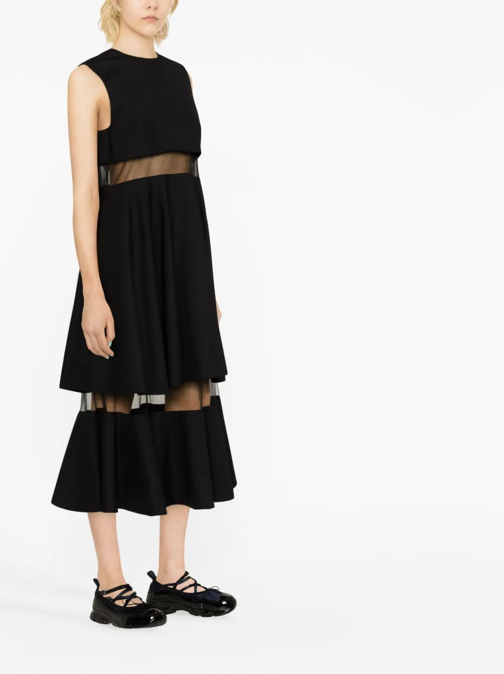 Noir Kei Ninomiya Mesh-trimmed Wool Midi Dress In Black