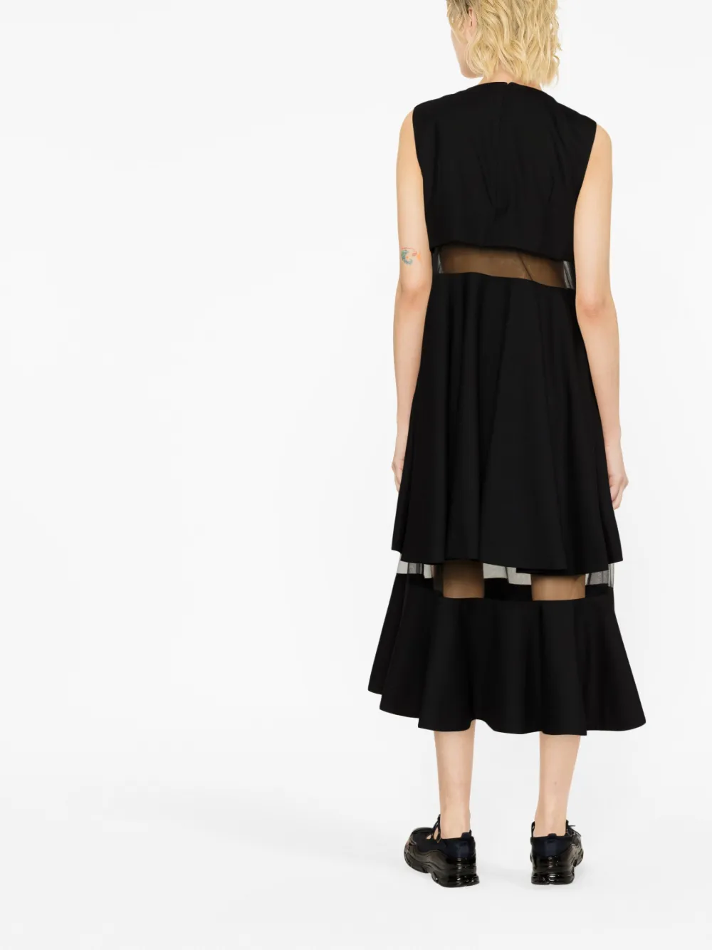 Noir Kei Ninomiya Mesh-trimmed Wool Midi Dress In Black