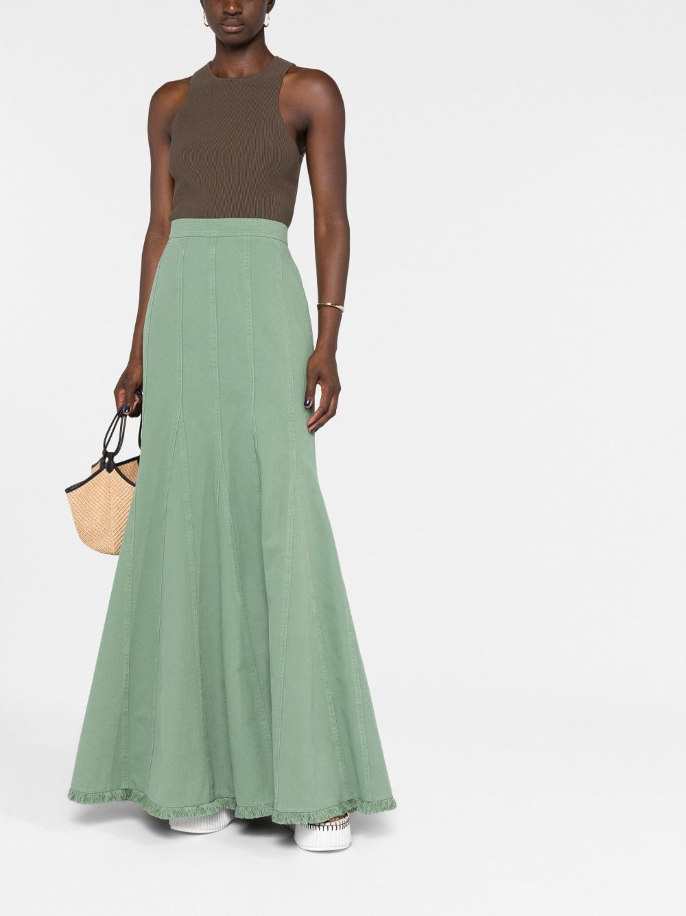 Shop Max Mara Fluted Denim Maxi Skirt In Green