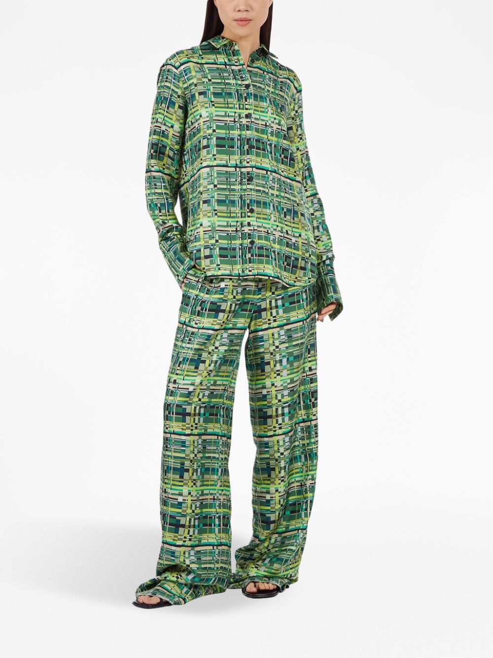 Ferragamo check-print silk palazzo trousers - Groen