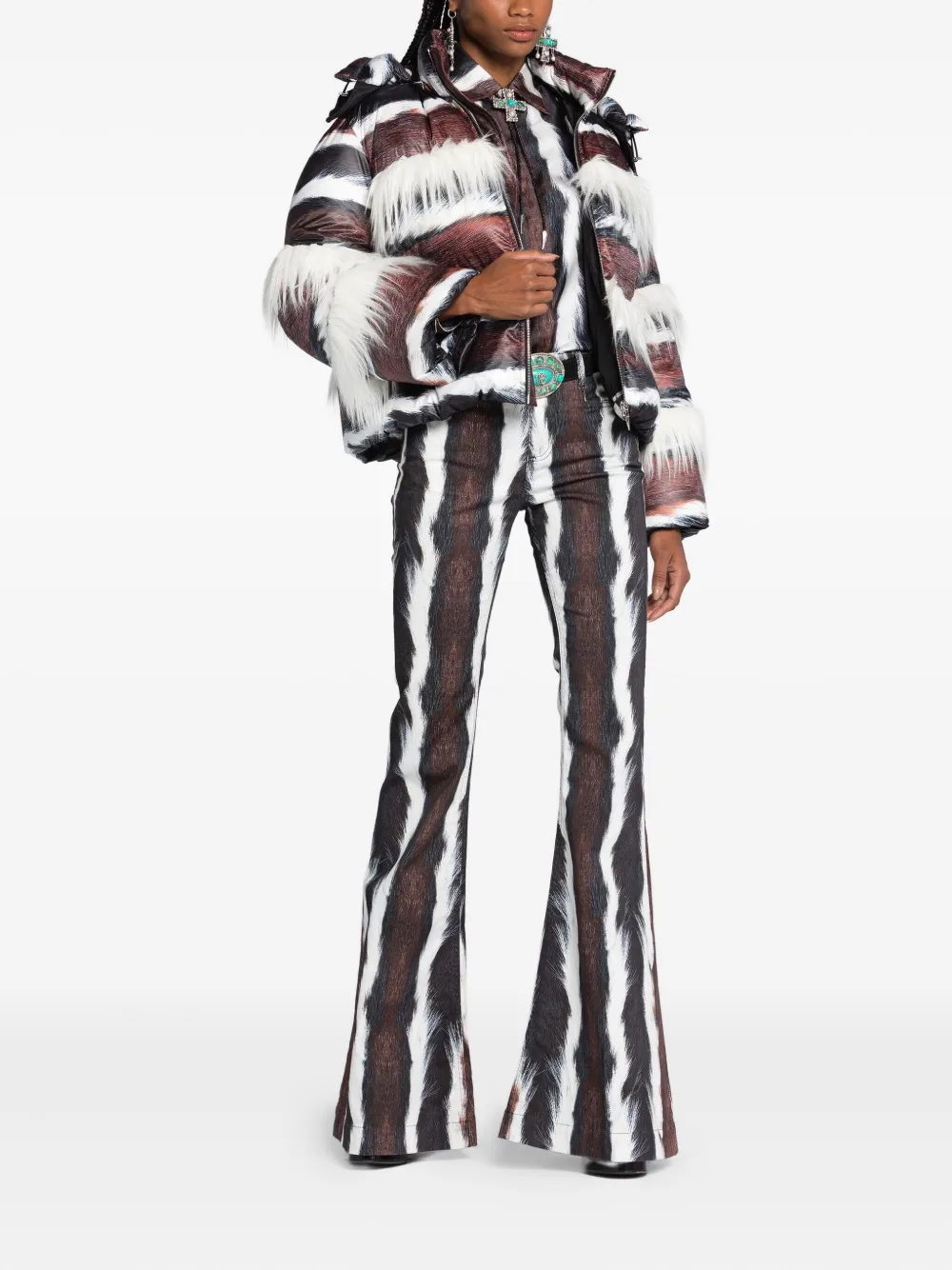 Roberto Cavalli Striped Fur-trimmed Jacket In Brown