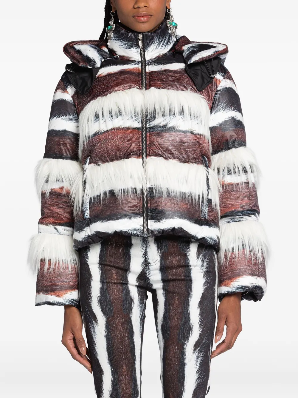 Roberto Cavalli Striped Fur-trimmed Jacket In Brown