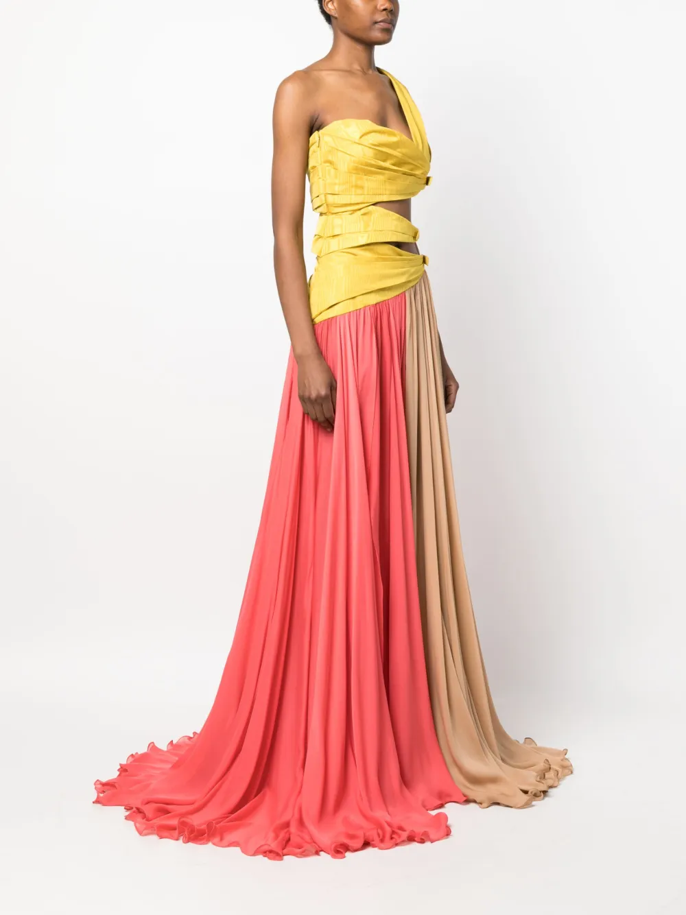 ROBERTO CAVALLI COLOUR-BLOCK DRAPED SILK GOWN