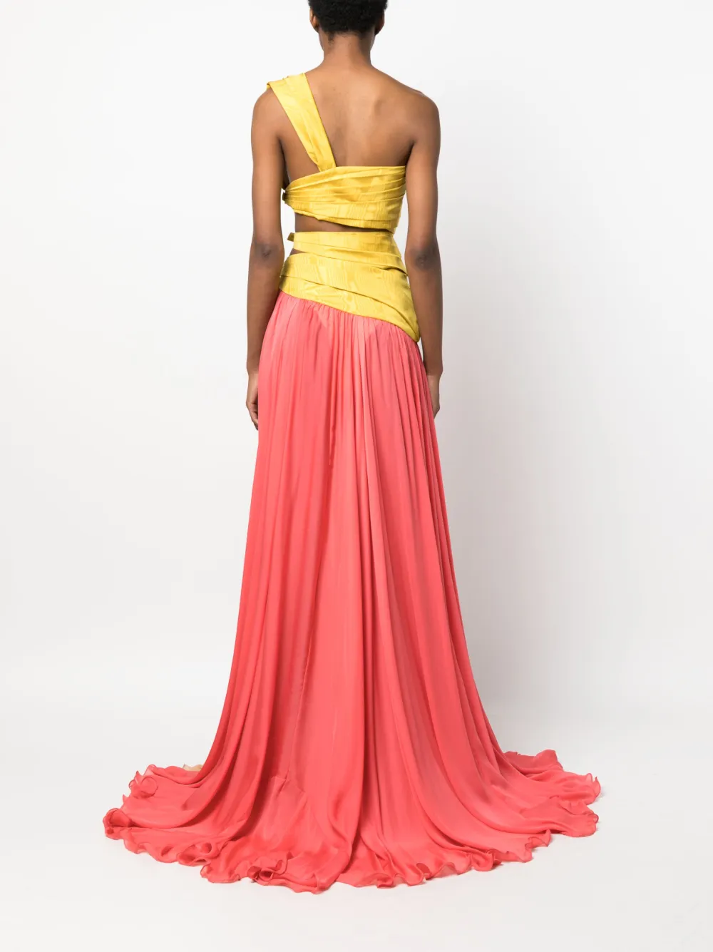 ROBERTO CAVALLI COLOUR-BLOCK DRAPED SILK GOWN