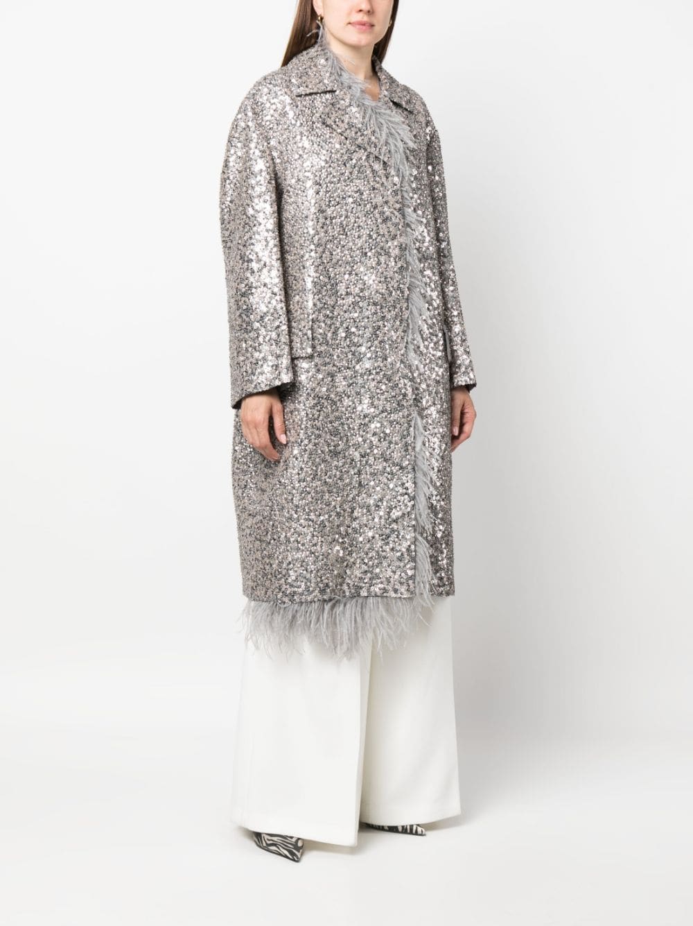 Shop Valentino Embellished Feather-trim Coat In Silver