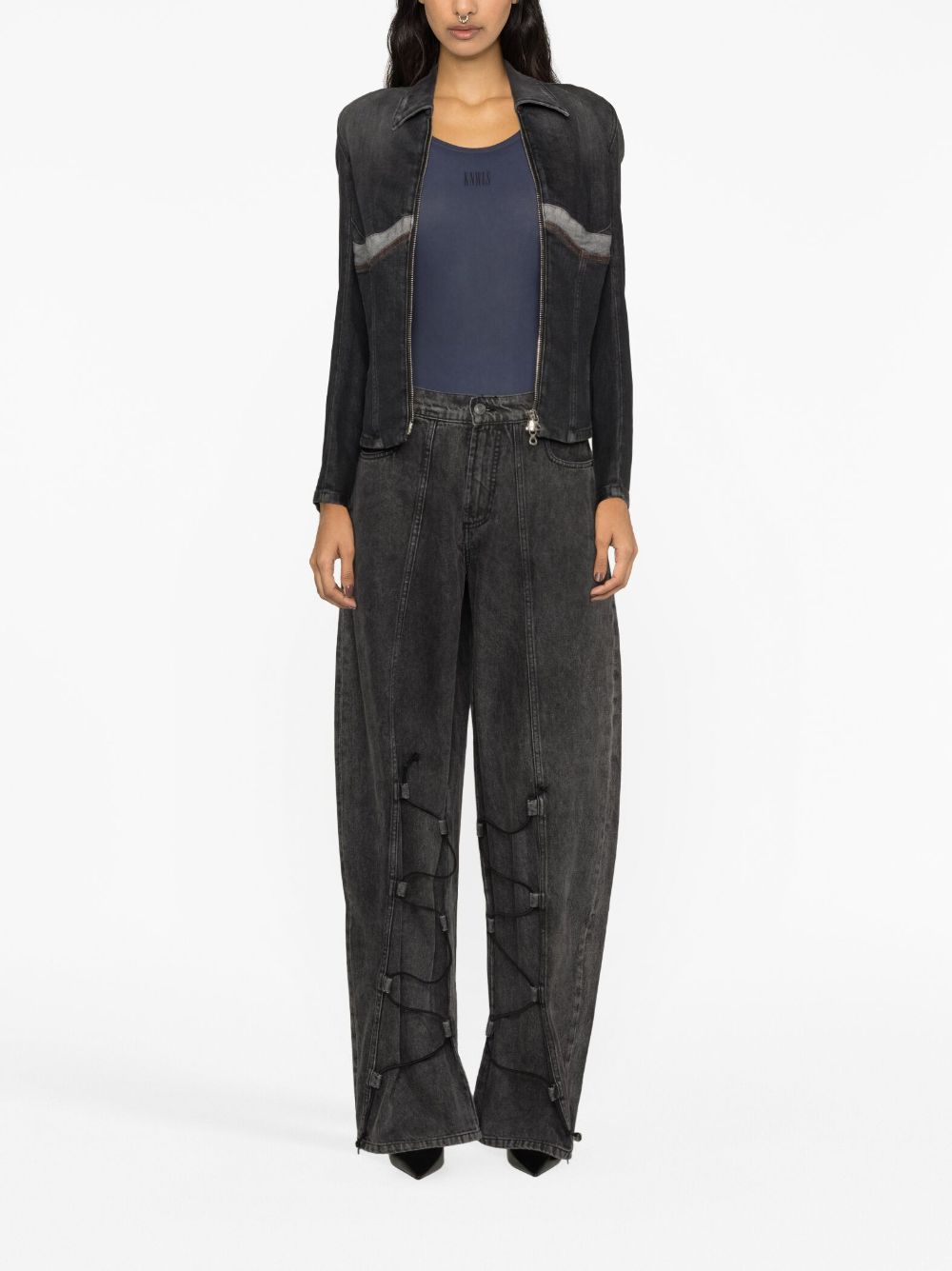 Shop Jade Cropper Wide-leg Drawstring Jeans In Grey