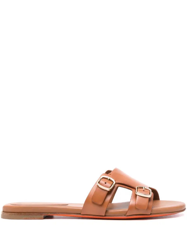 Santoni double buckle Leather Slides Farfetch