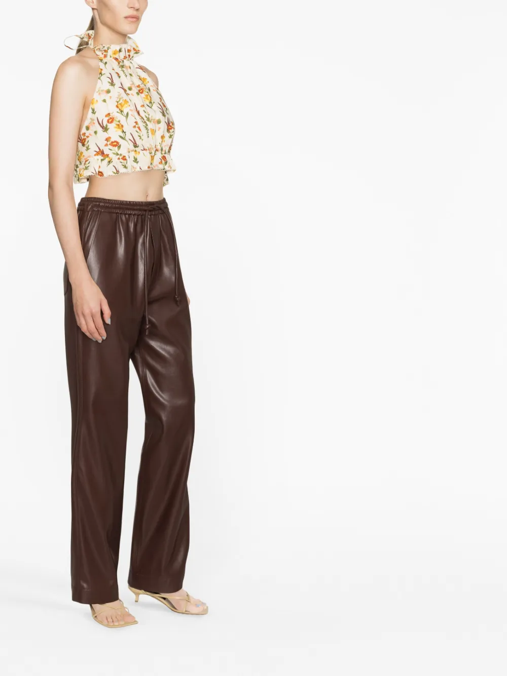 Agua By Agua Bendita Nardo Clementina Cropped Floral-print Linen-gauze Halterneck Top In Neutrals