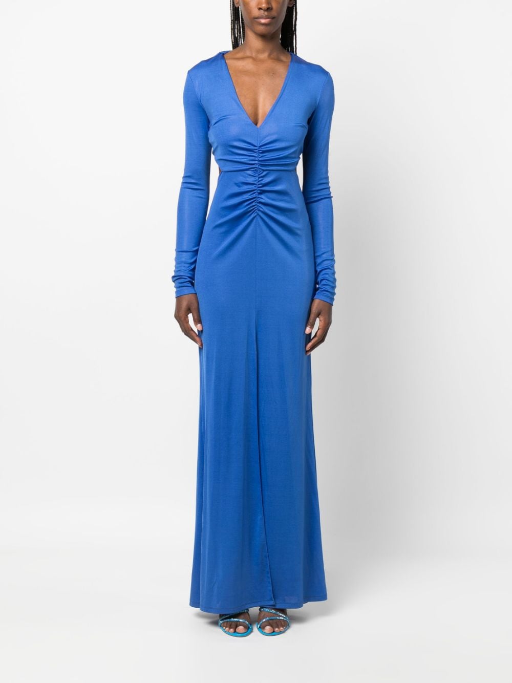 Shop Patrizia Pepe Open-back Ruched Maxi Dress In Blue