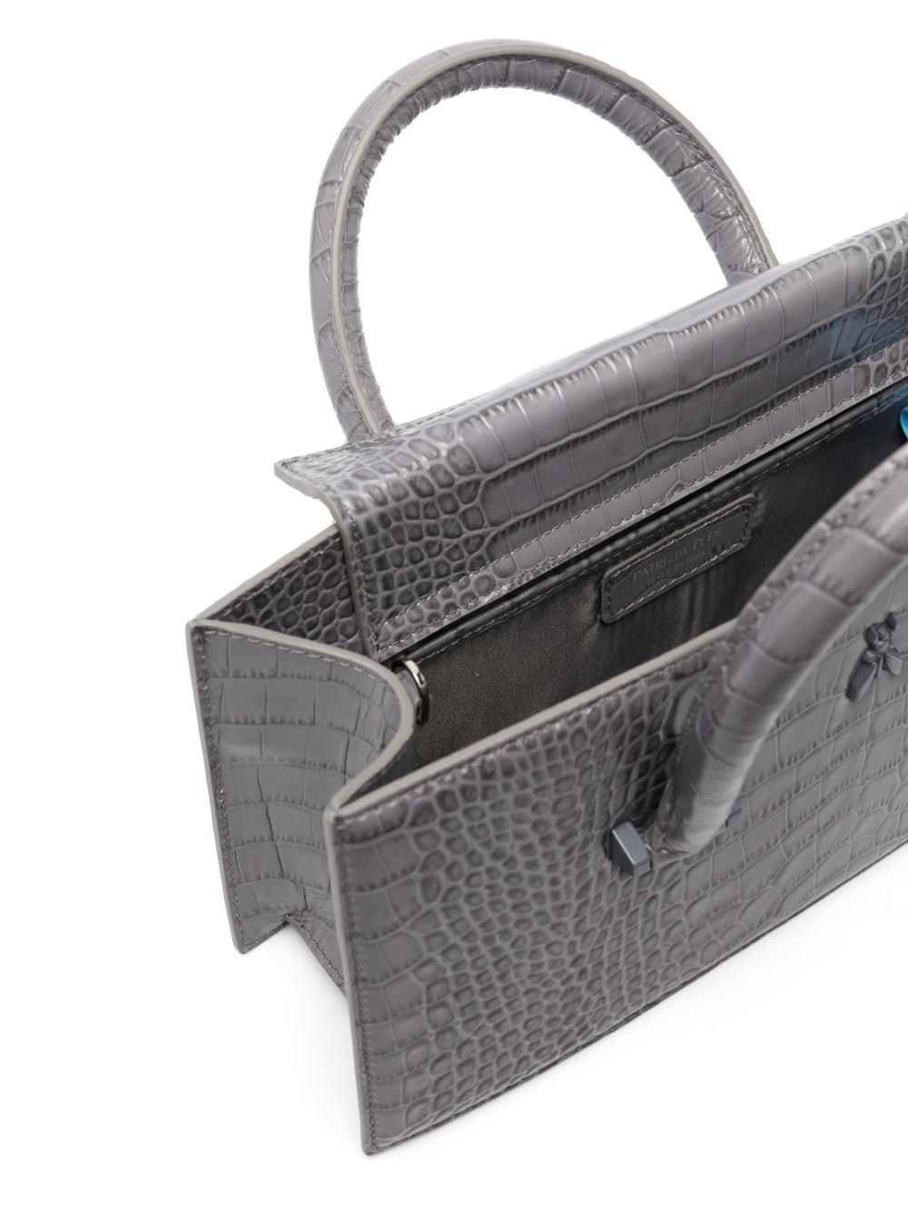 Shop Patrizia Pepe Fly Bamby Embossed Crocodile-effect Bag In Grey