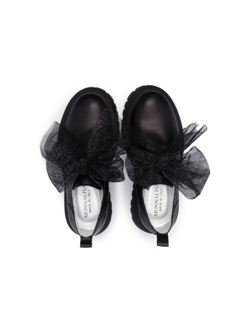 Shop Monnalisa Tulle-bow Leather Loafers In Black