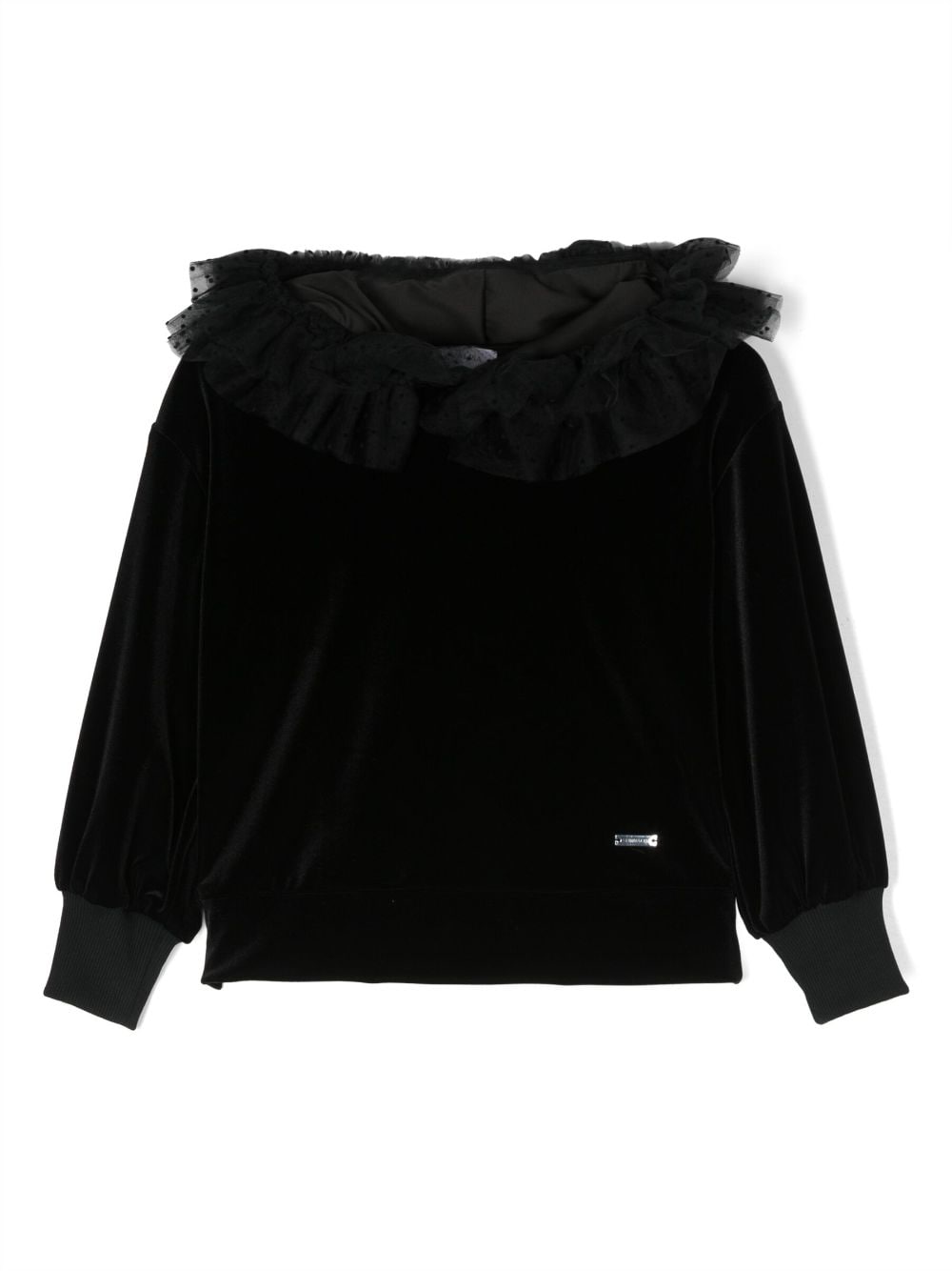 Shop Monnalisa Point D'esprit-mesh Velvet Hoodie In Black