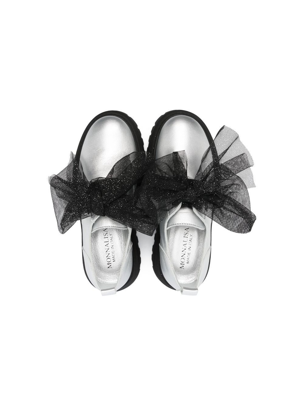 Shop Monnalisa Oversized Bow Loafers In Silver