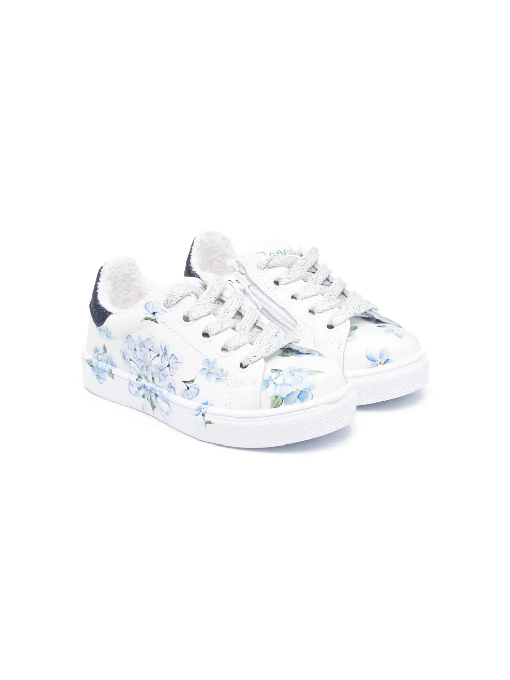 Monnalisa Kids' Floral-print Lace-up Sneakers In White