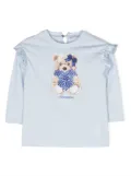 Monnalisa teddy bear-print ruffled T-shirt - Blue
