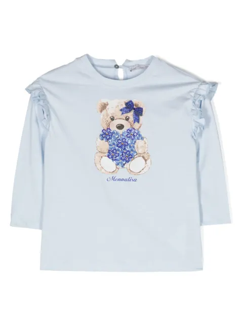 Monnalisa teddy bear-print ruffled T-shirt