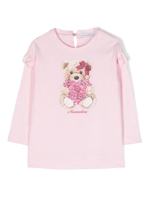Monnalisa teddy bear-print cotton T-shirt