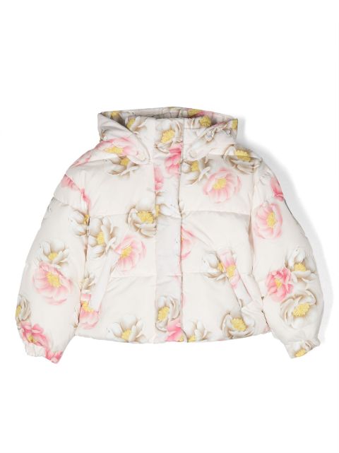 Monnalisa padded floral-print hooded jacket