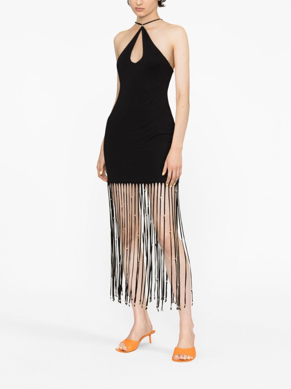 Shop Rotate Birger Christensen Fringe-detailing Cut-out Dress In Black