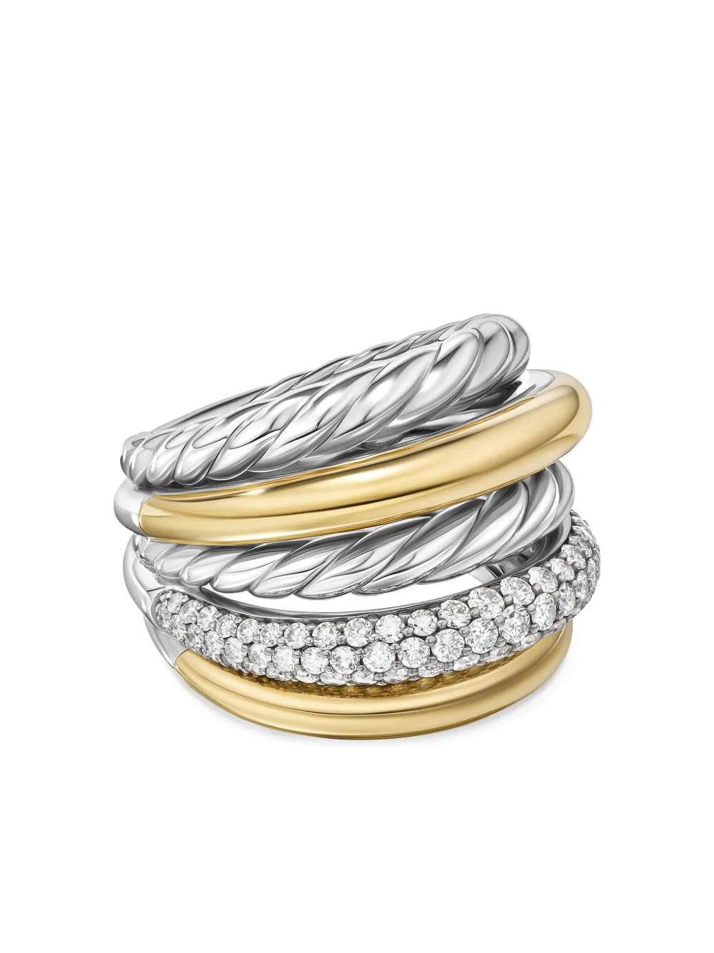 David Yurman DY Mercer Multi Row ダイヤモンド リング 21mm 18Kイエローゴールド＆スターリングシルバー | シルバートーン | Image 1