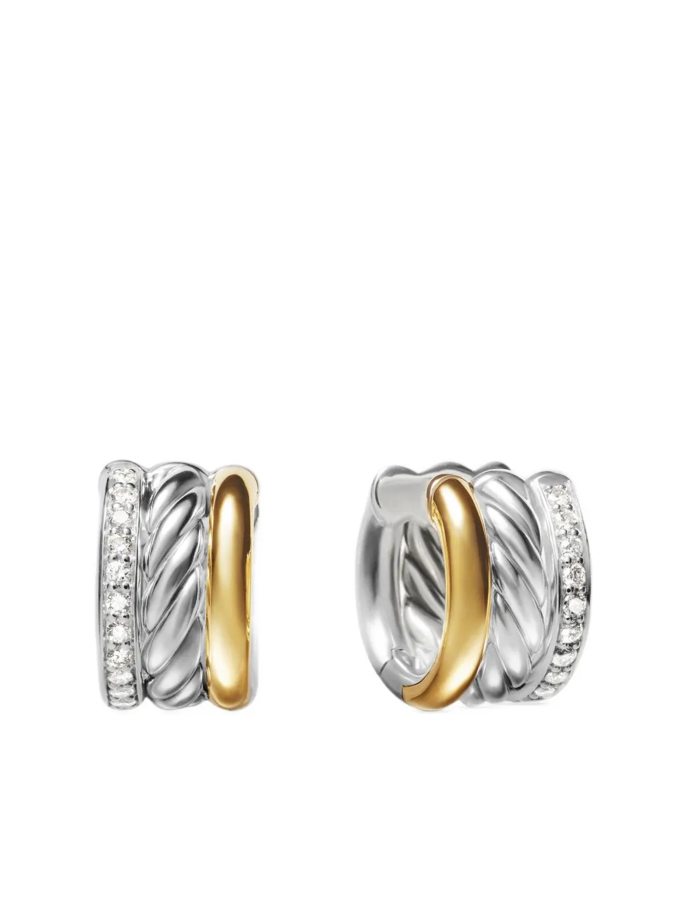 David Yurman DY Mercer ダイヤモンド フープピアス 14mm 18Kイエローゴールド&スターリングシルバー - David Yurman DY Mercer ダイヤモンド フープピアス 14mm 18Kイエローゴールド&スターリングシルバー -