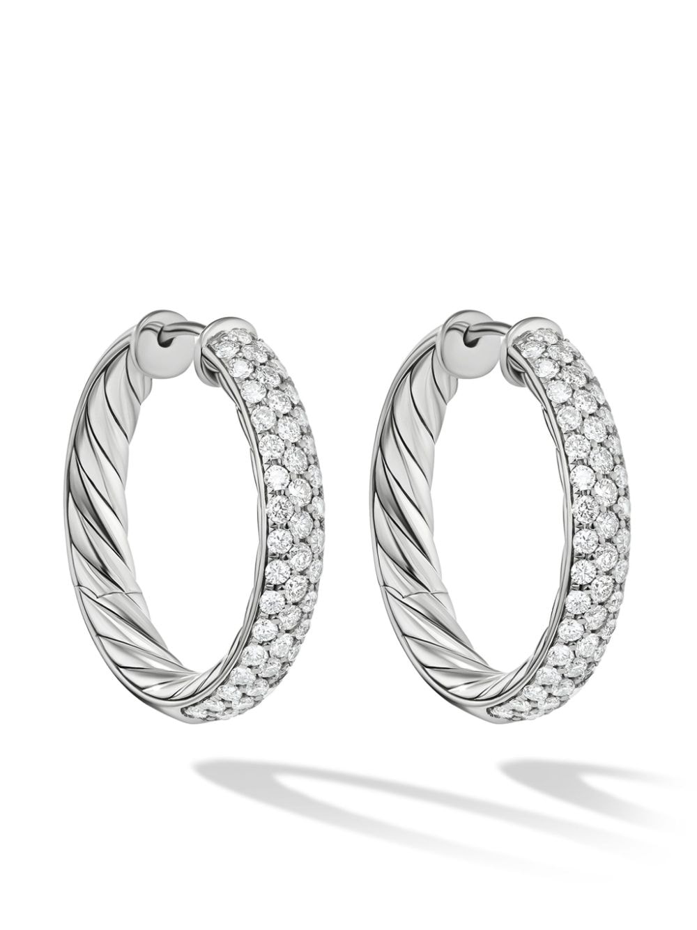 David Yurman Sterling Silver Diamond Sculpted Cable Hoop Earrings