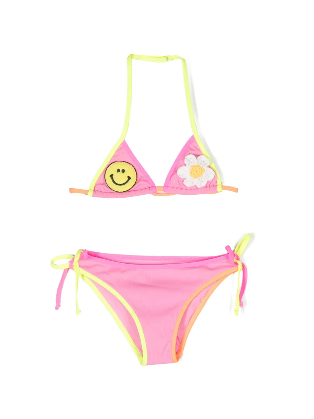 Mc2 Saint Barth Kids' Fuchsia Bikini For Girl With Logo, Smiley And Flower Patch