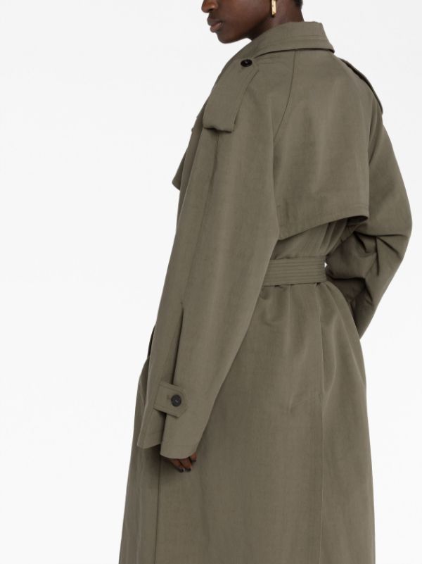 Double-breasted trench coat with belted closure