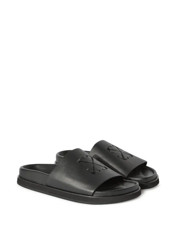 *OFF WHITE* Cloud Arrow Leather Slides Off-White Cloud Arrow-embroidered Leather Sliders | Black