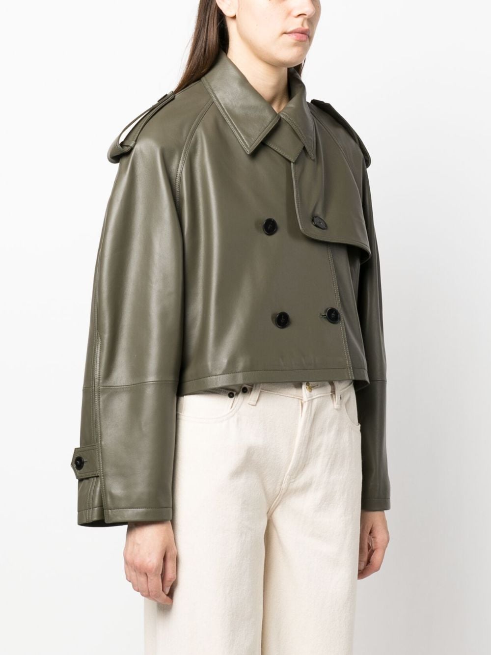 Shop Closed Cropped Leather Trench Jacket In Green