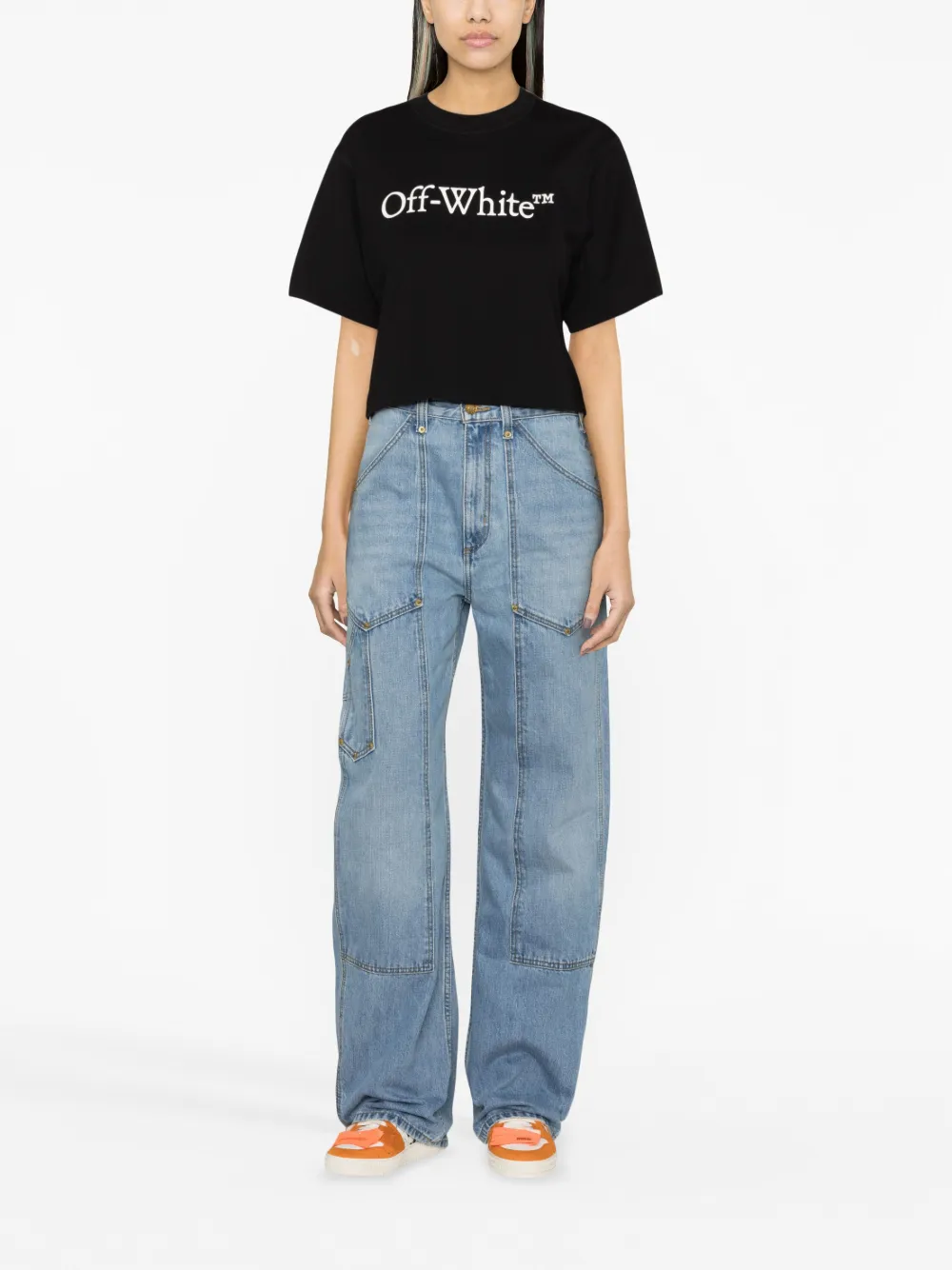 Off-White logo-print cropped cotton T-shirt - Zwart