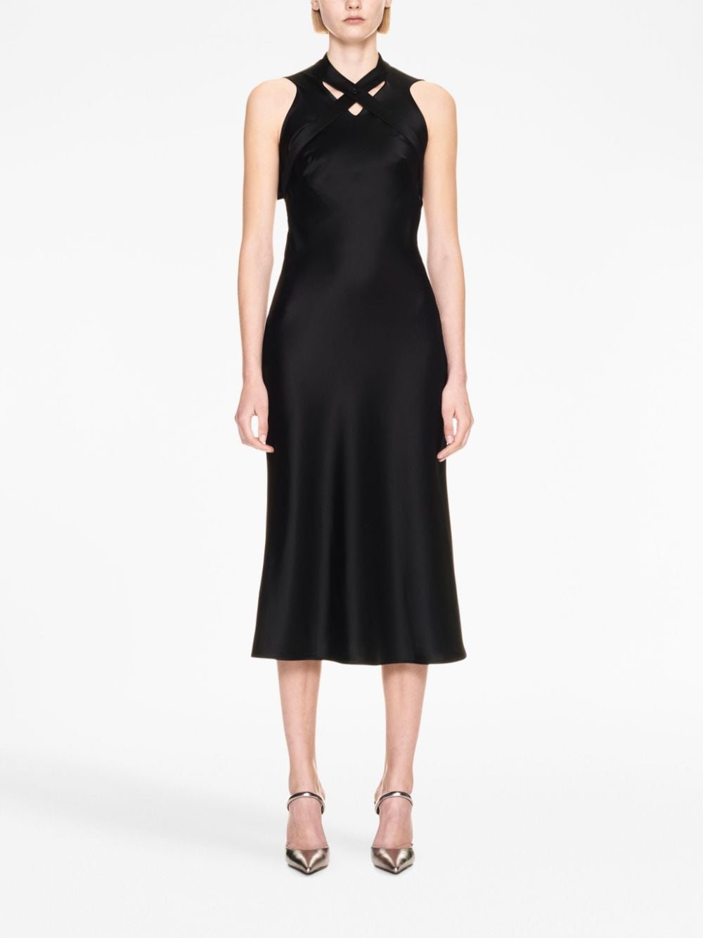Shop Off-white Buckle-detail Satin Midi Dress In Black