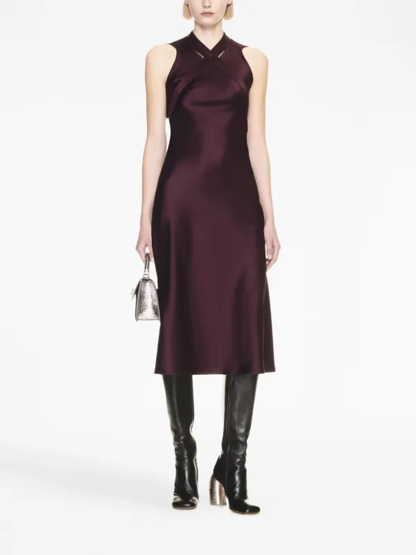 knee length dresses for ladies Deep Burgundy Satin Long-Sleeve Wrap Midi-Dress