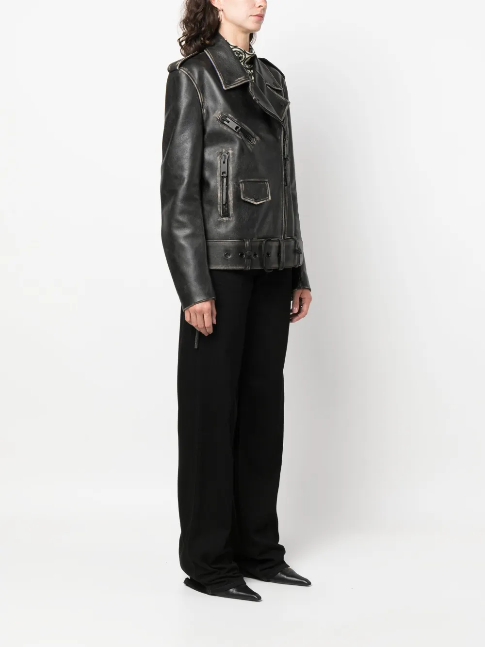 Shop Off-white Faded-effect Leather Biker Jacket In Black