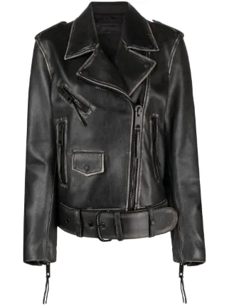 Off White faded effect Leather Biker Jacket Black FARFETCH AZ