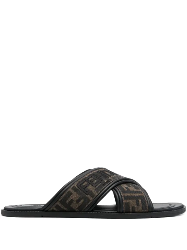 ア*ビ様 FENDI FF Cross Band Slide Black Bro Fendi FF Cross Band Slide Black Brown Men's - 7X1222A63T - US