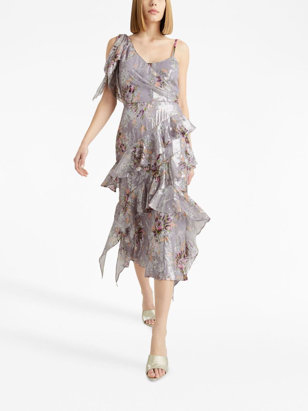Shop Cinq À Sept Trevor Floral-print Ruffled Dress In Grey