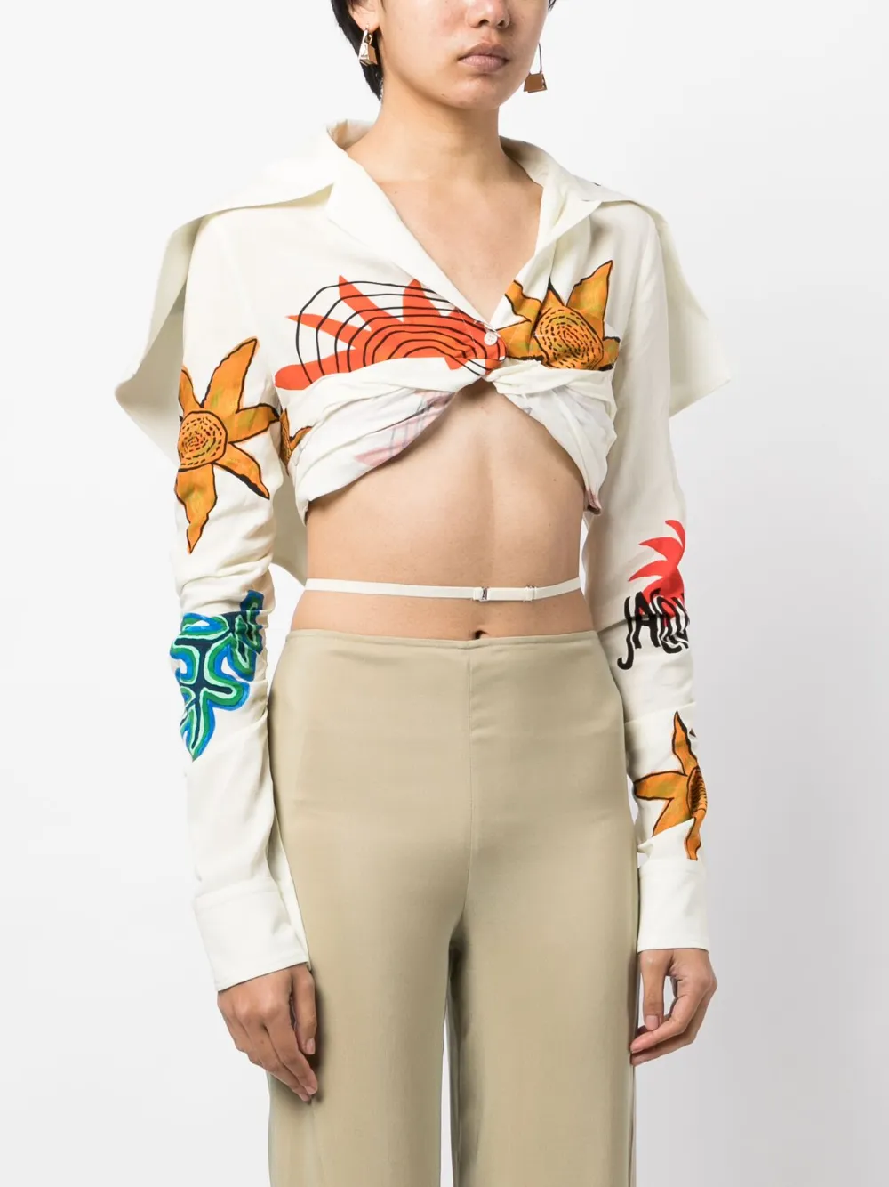 Jacquemus Graphic-print Long-sleeve Cropped Top In Yellow