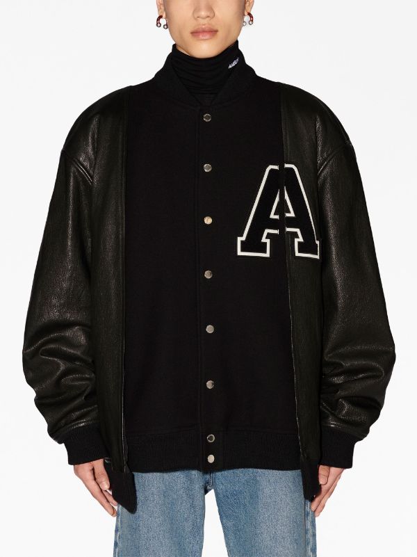 Leather Panelled Varsity Jacket - Black
