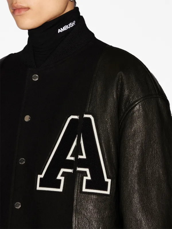 Leather Panelled Varsity Jacket - Black