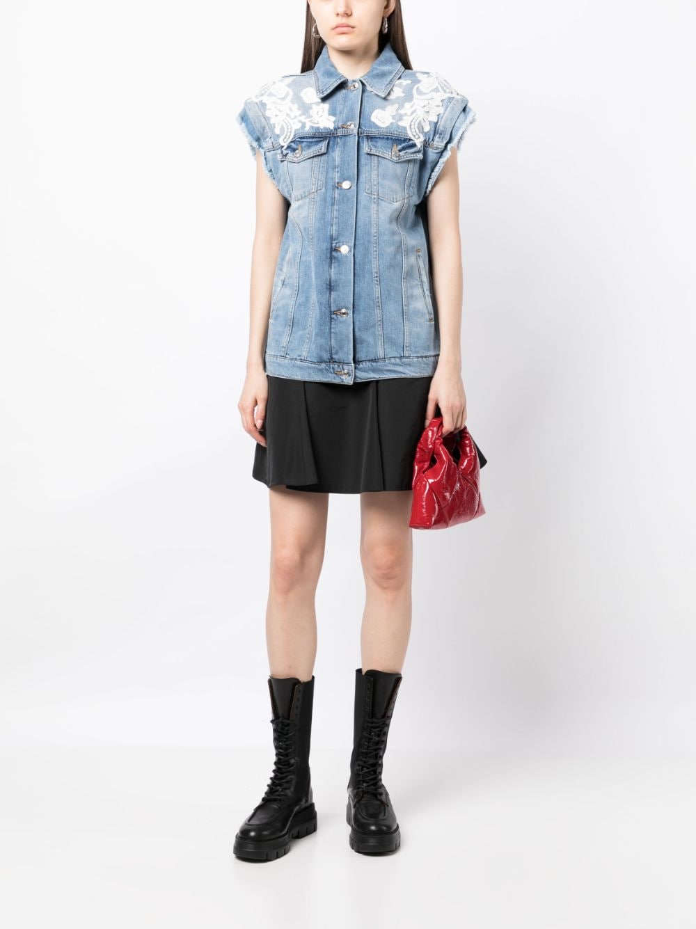 Shop Ermanno Firenze Embroidered Sleeveless Denim Jacket In Blue