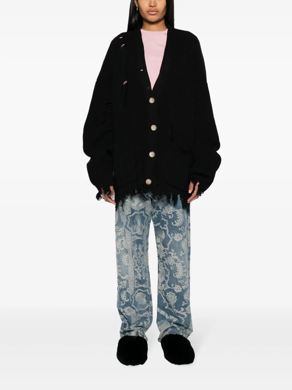 Monochrome Gipsy Distressed Cardigan In Black