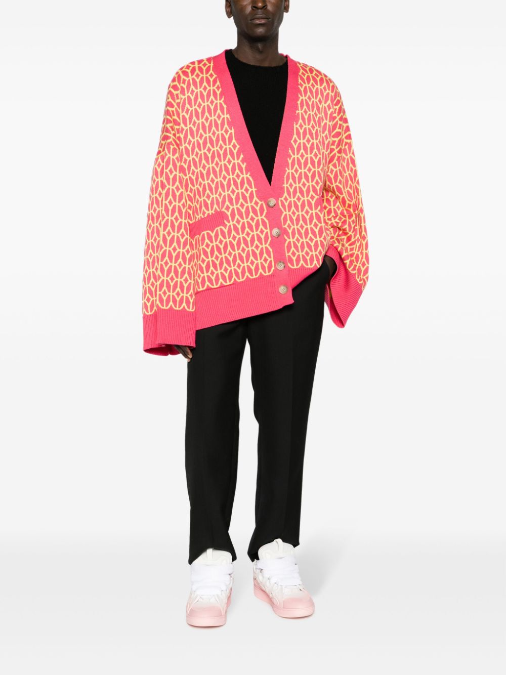 Shop Monochrome Patterned-intarsia V-neck Cardigan In Pink
