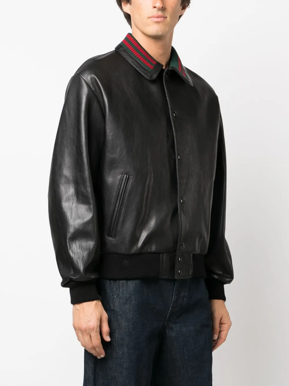 Shop Gucci Web-collar Leather Bomber Jacket In Schwarz