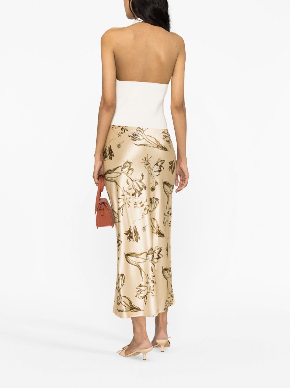 Shop Reformation Floral-print Silk Midi Skirt In Neutrals