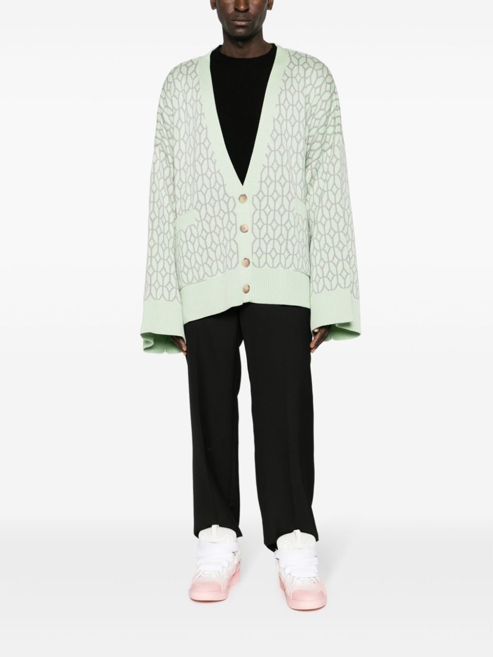 Shop Monochrome Patterned-intarsia V-neck Cardigan In Green