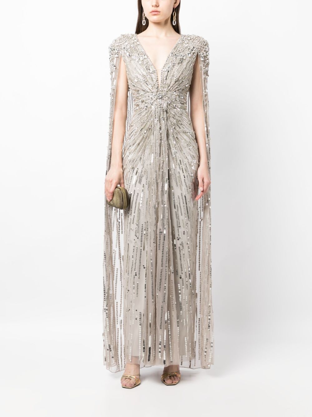 Shop Jenny Packham Lotus Lady Embellished Cape Gown In Grey
