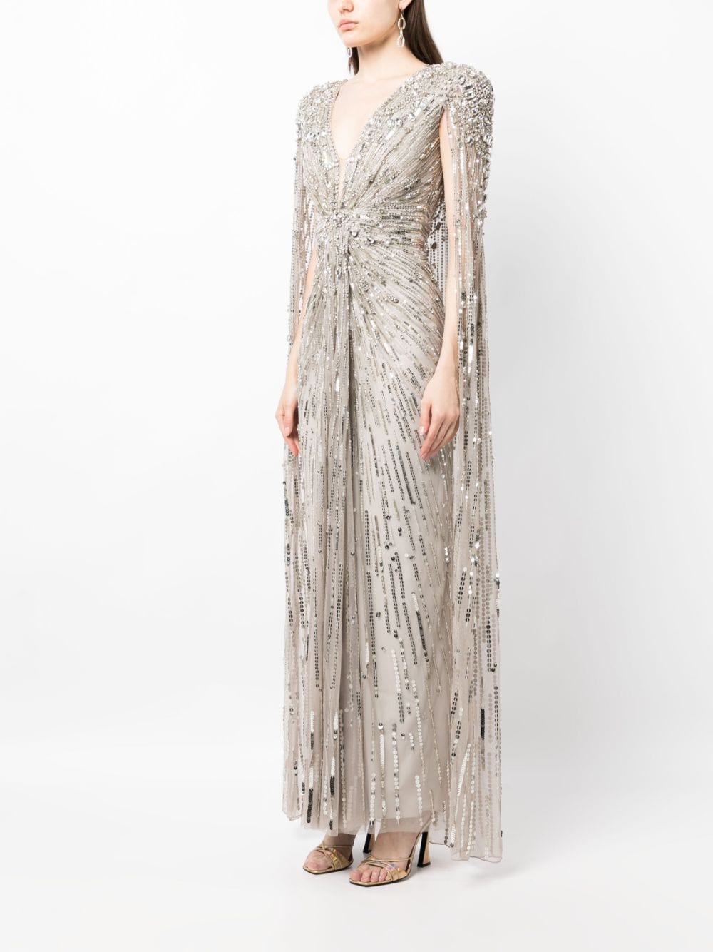 Shop Jenny Packham Lotus Lady Embellished Cape Gown In Grey