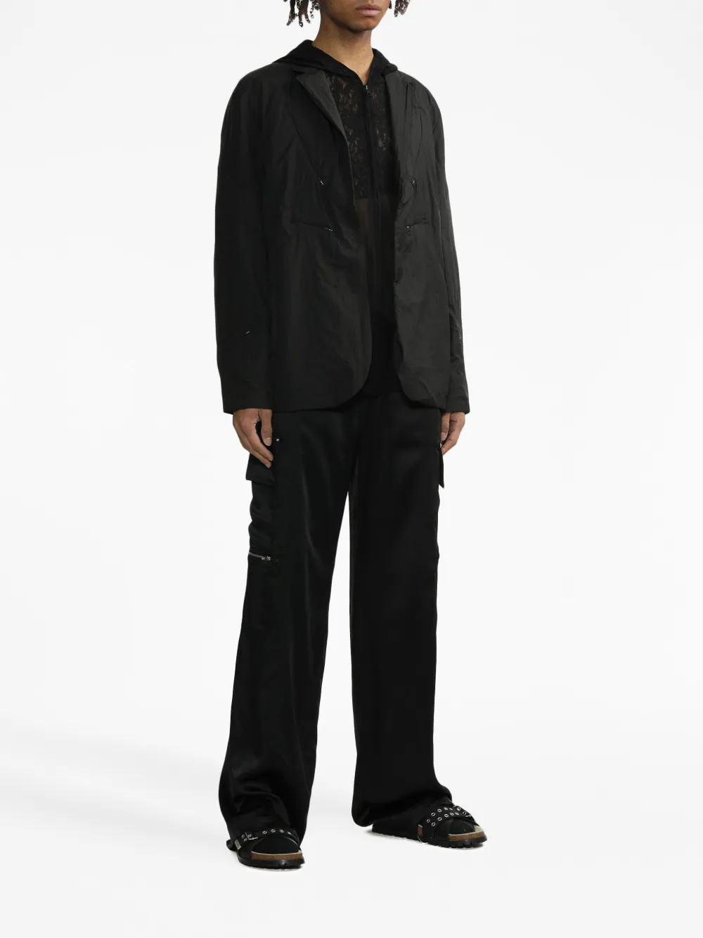 Post Archive Faction lace-panelled hooded lightweight jacket - Zwart